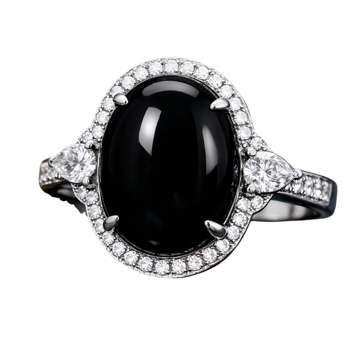 Oval Black Onyx Gemstone Halo Ring in Sterling Silver