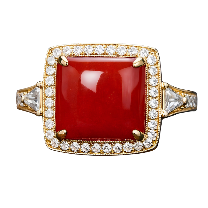 Cushion Cut Red Gemstone Halo Ring in Gold Finish