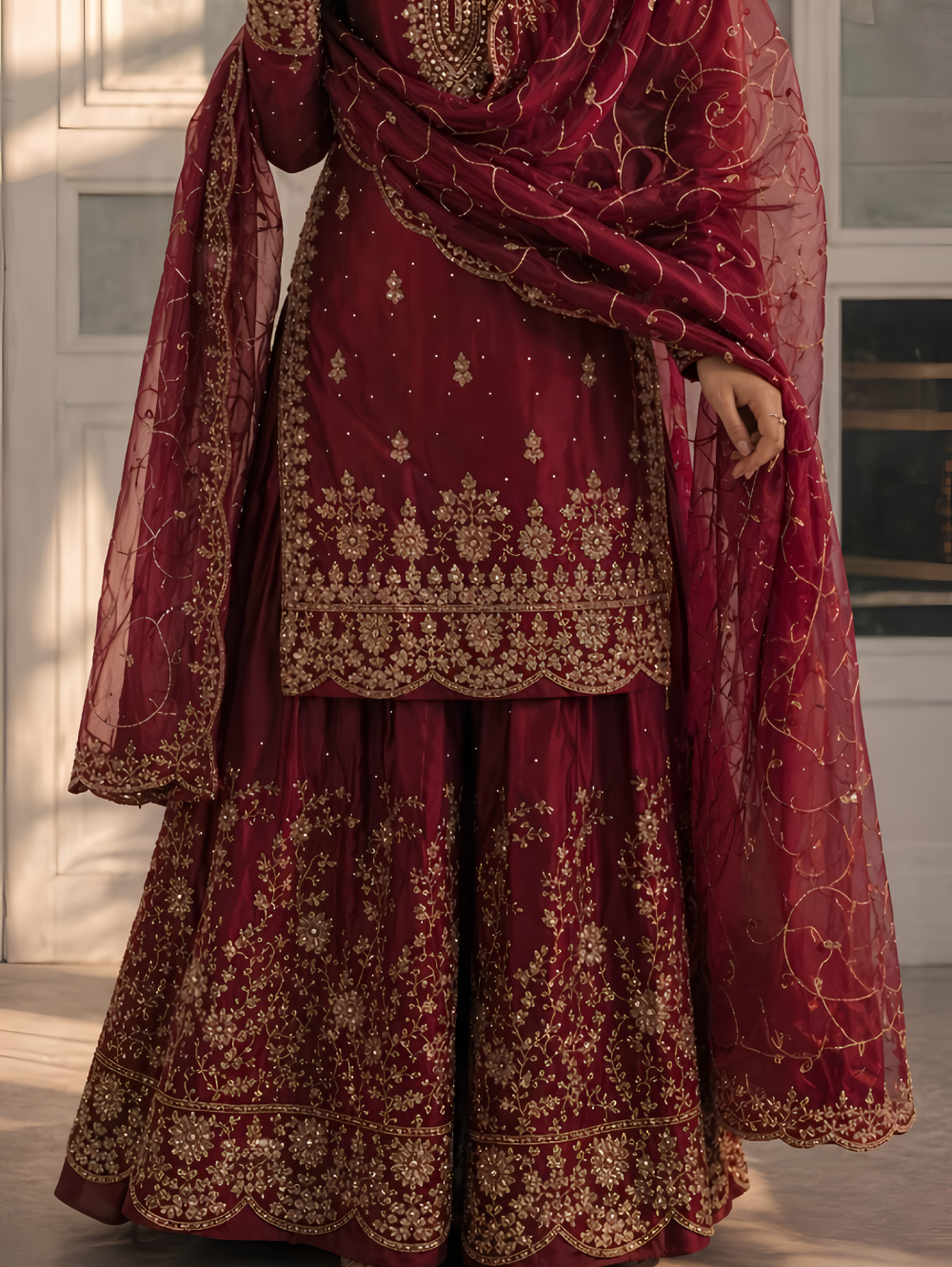 Imperial Maroon Embroidered Silk Sharara Set