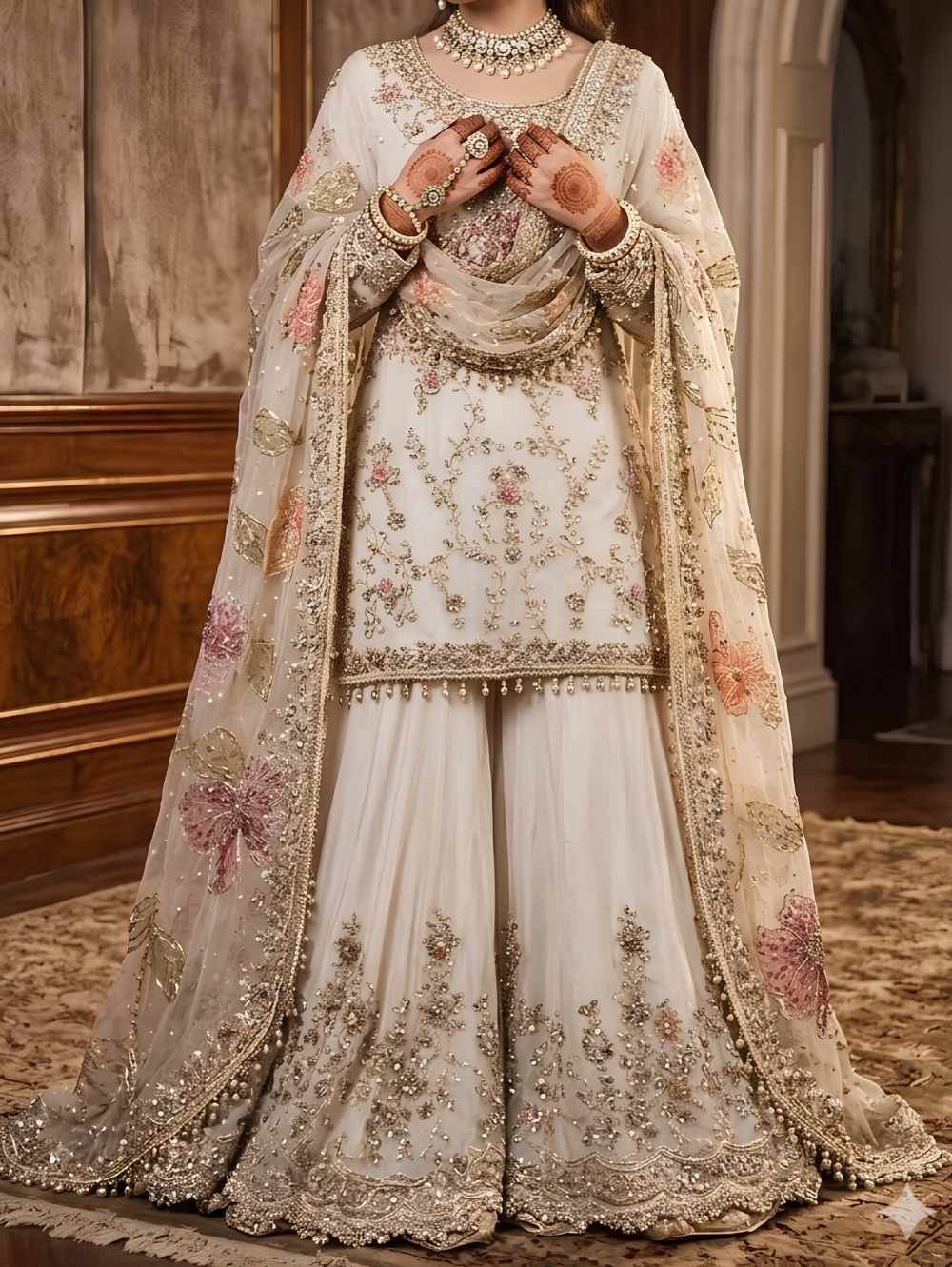 The Imperial Ivory Floral Embroidered Sharara Set