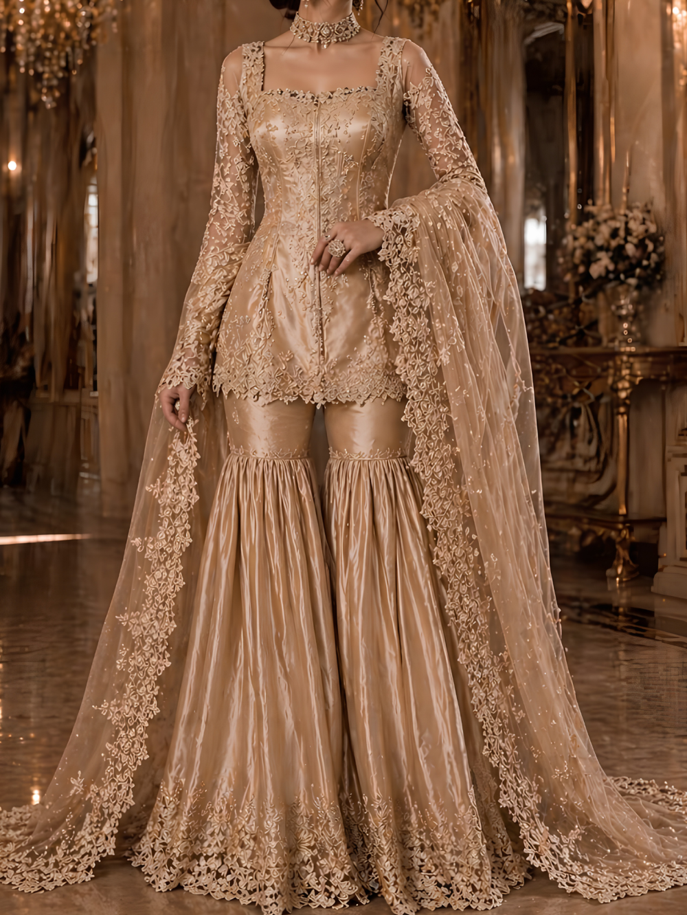 The Royal Gold Silk Sharara Set testing product