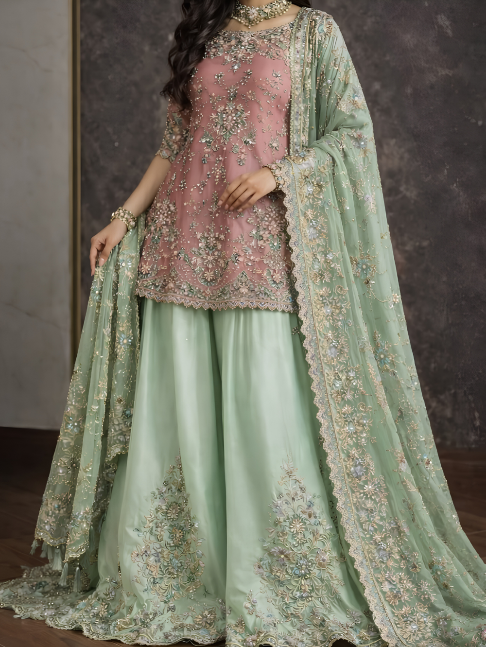 The Royal Sage & Dusty Pink Sharara Set