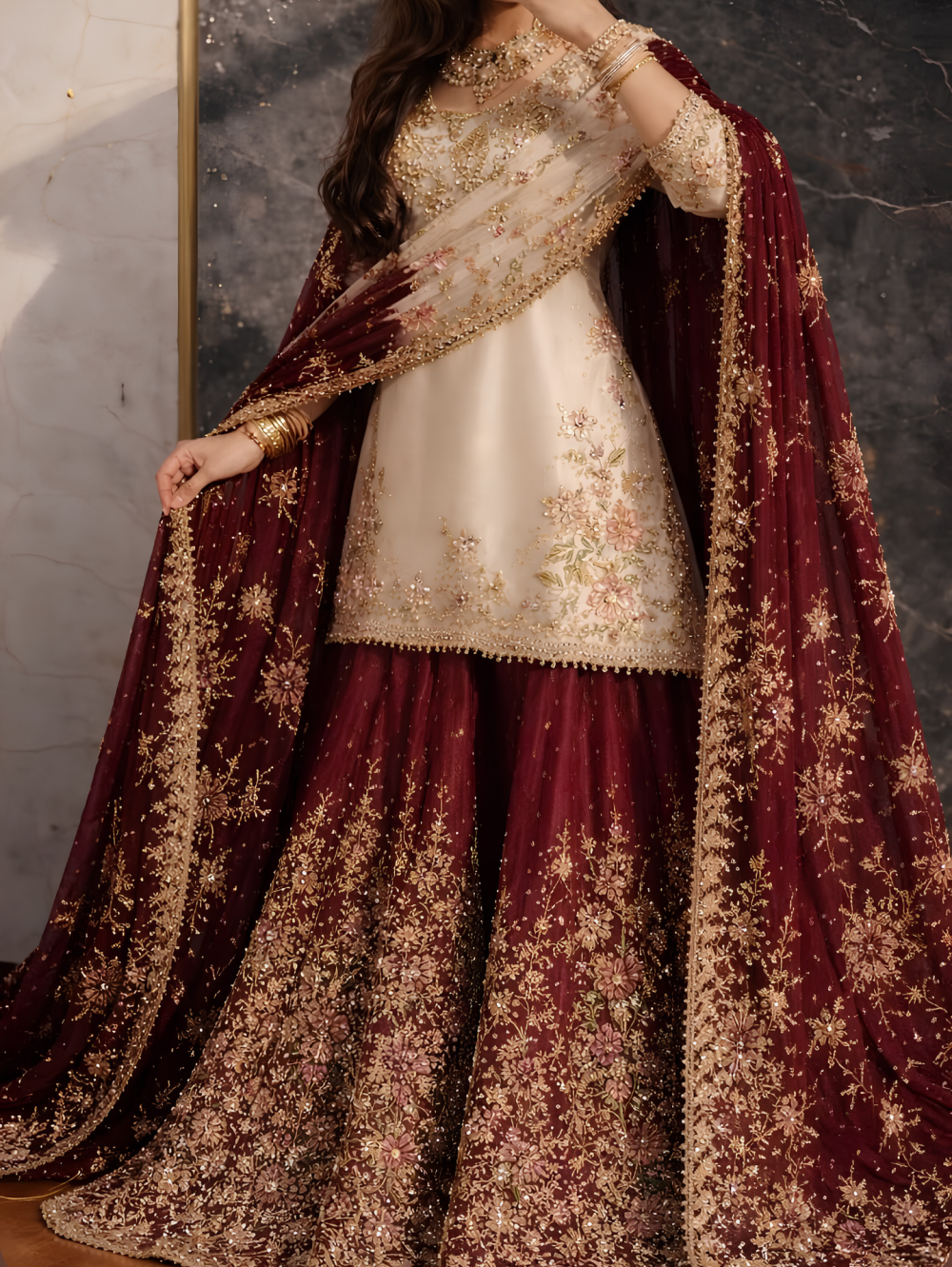 The Royal Maroon & Ivory Contrast Sharara Set