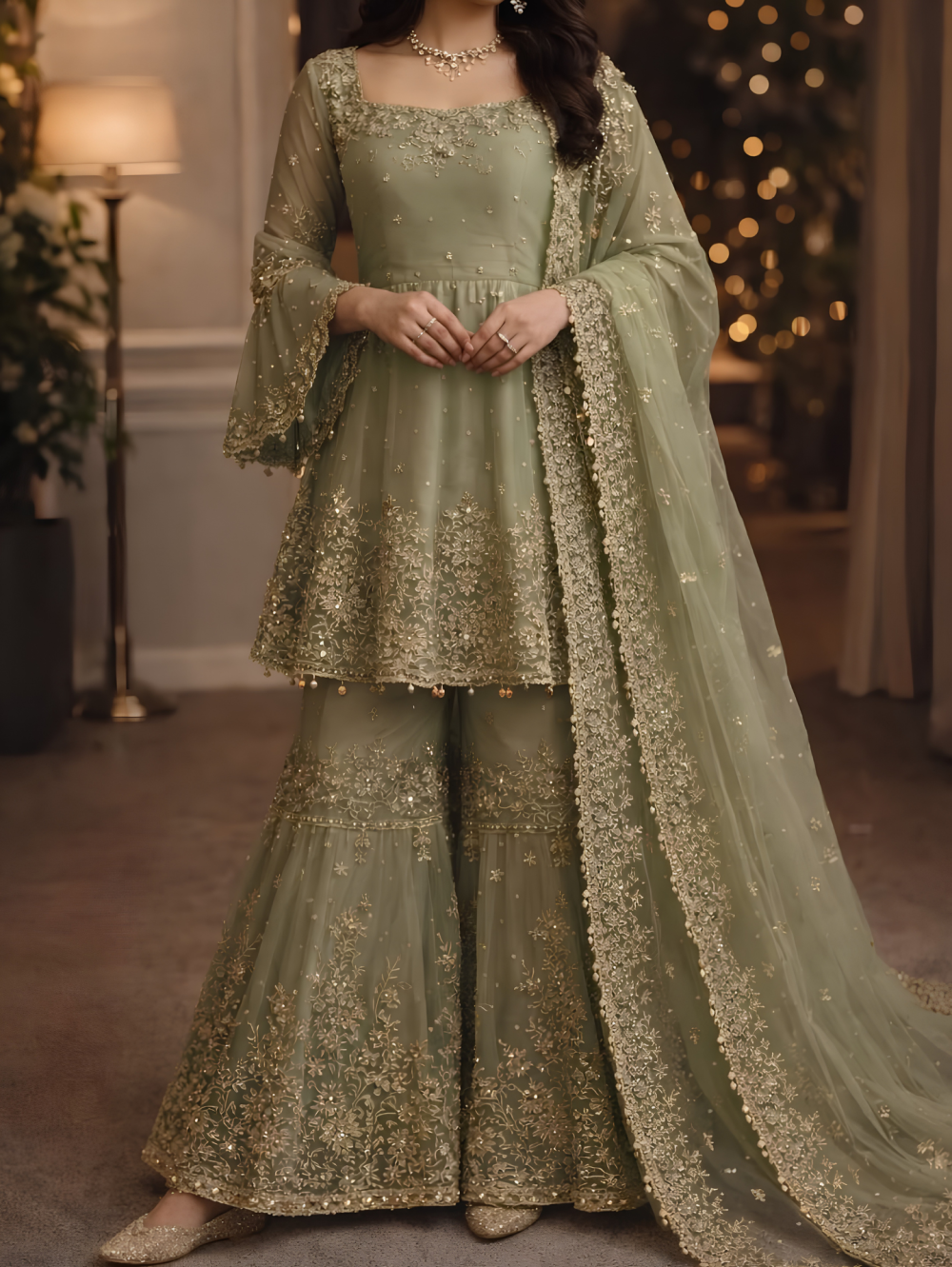 The Royal Mint Sage Embellished Sharara Set
